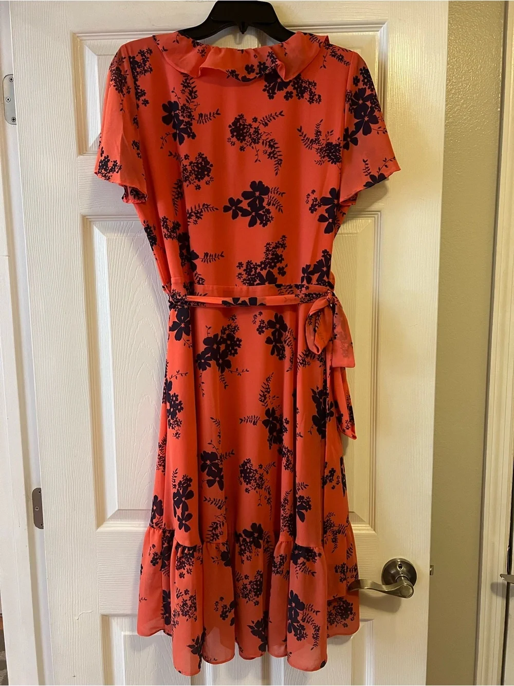Michael Kor’s Coral Red Floral Ruffle Wrap Dress- Size Medium